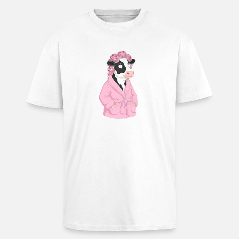 Kuh im rosa Bademantel mit Locken - Oversized Heavyweight Unisex T-Shirt - Weiß