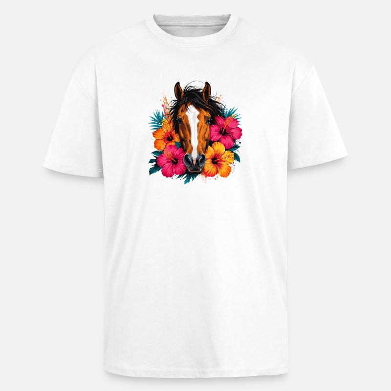 Pferd mit tropischen Blüten - Oversized Heavyweight Unisex T-Shirt - Weiß