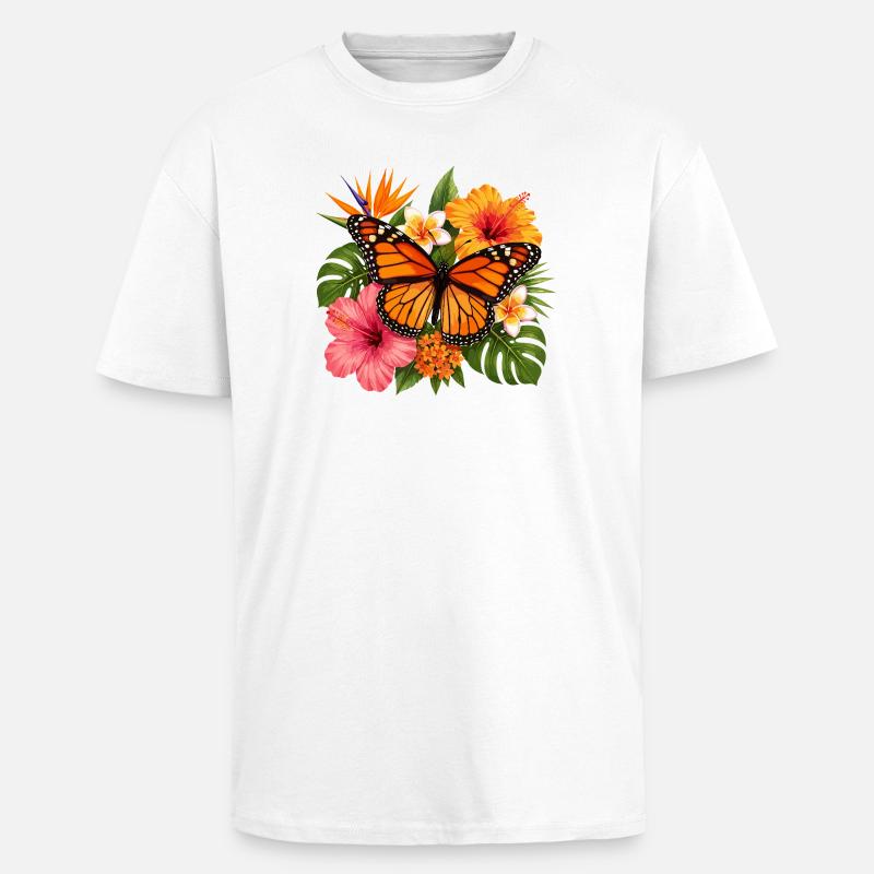 Fleur tropicale du papillon monarque - T-shirt unisexe oversize épais - blanc