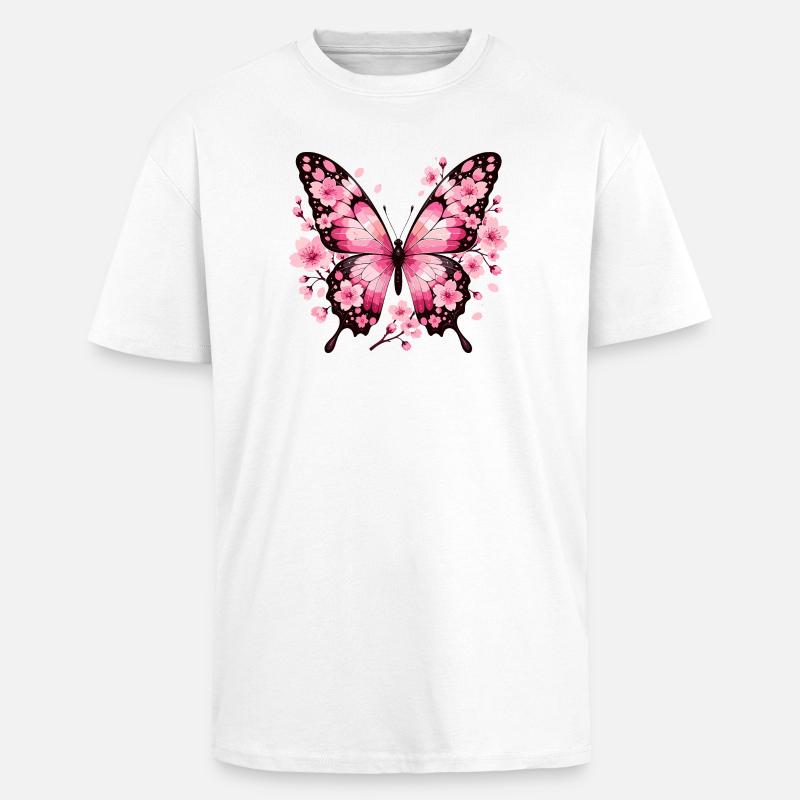 Papillon aux ailes de fleurs roses - T-shirt unisexe oversize épais - blanc