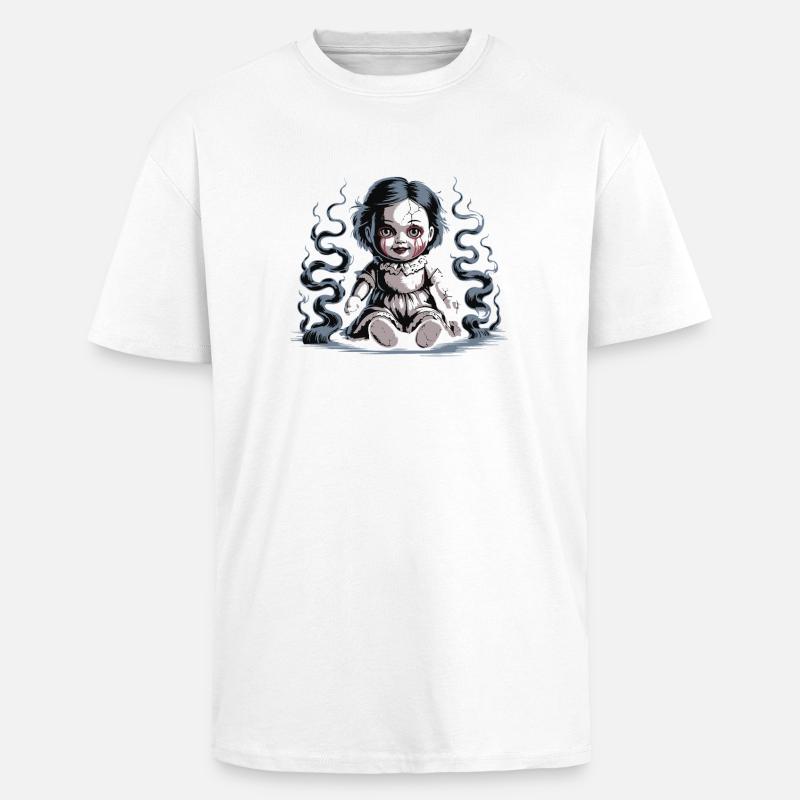Creepy Doll with Caution Text - Unisex Oversized Heavyweight T-shirt - white