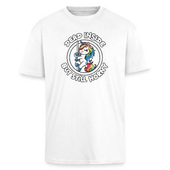 Danse de la mât de licorne arc-en-ciel Mort à l’intérieur excité - T-shirt unisexe oversize épais - blanc - Devant - Alina (178cm) & Michal (187cm)