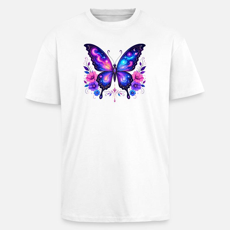 Papillon Galaxie aux Fleurs - T-shirt unisexe oversize épais - blanc