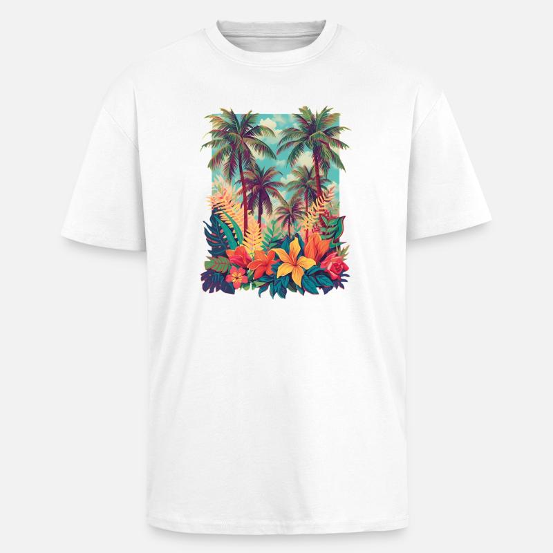 Plage des Fleurs Tropicales - T-shirt unisexe oversize épais - blanc