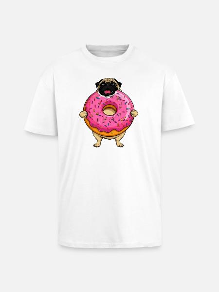 Donut Pug Dog in Pink Frosting - Unisex Oversized Heavyweight T-shirt - white