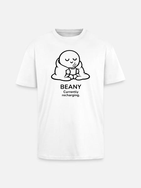 Beany – Currently Recharging | Cozy Coffee Mood - Unisex Oversized Heavyweight T-shirt - white