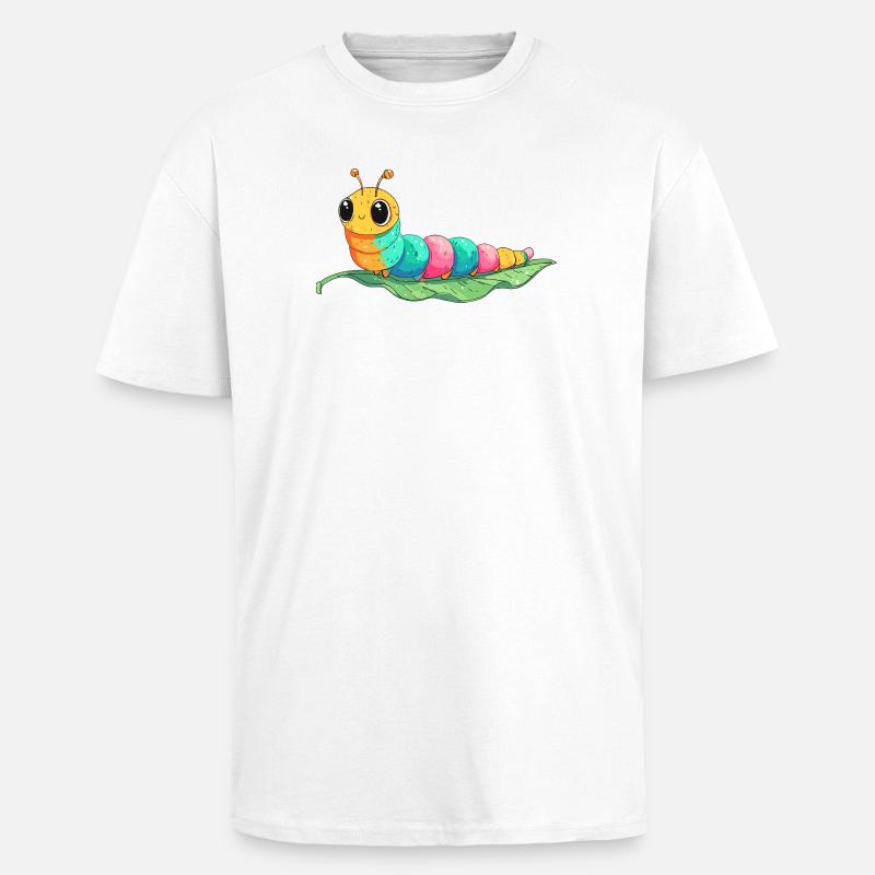 Chenille dessinée colorée sur feuille - T-shirt unisexe oversize épais - blanc