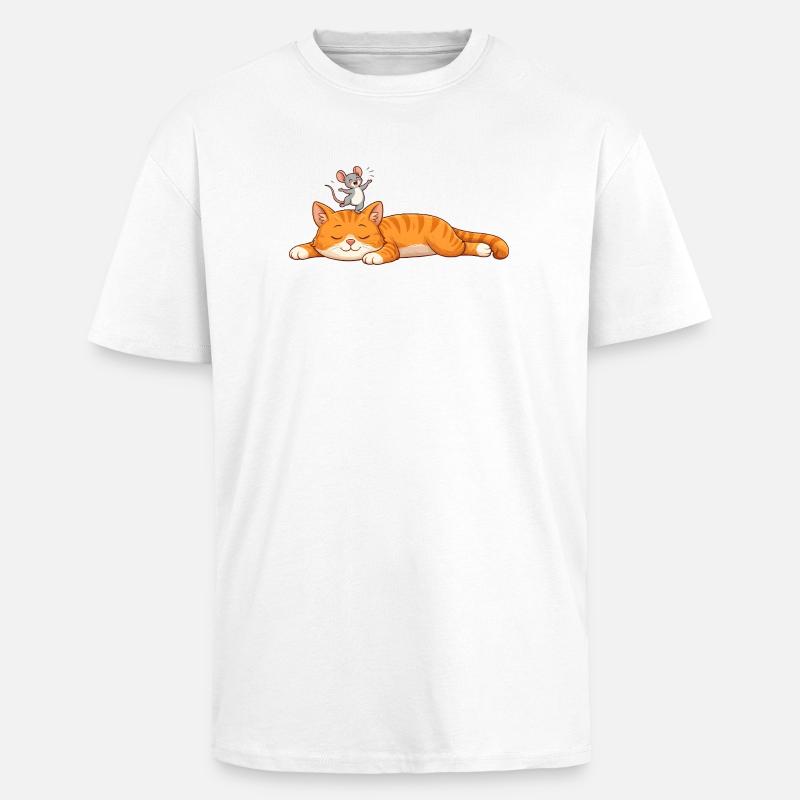 Chat endormi avec souris joyeuse - T-shirt unisexe oversize épais - blanc