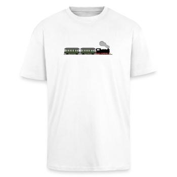 Train chemin de fer locomotive à vapeur voie étroite nostalgie ferroviaire - T-shirt unisexe oversize épais - blanc - Devant - Alina (178cm) & Michal (187cm)