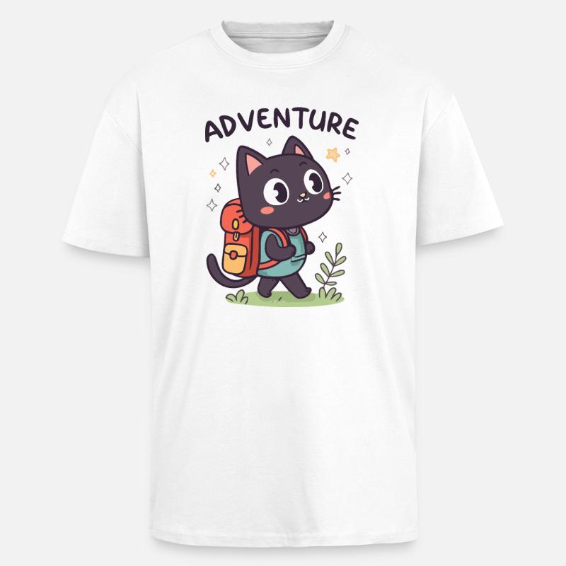 Adventurous Black Cat with Backpack - Unisex Oversized Heavyweight T-shirt - white