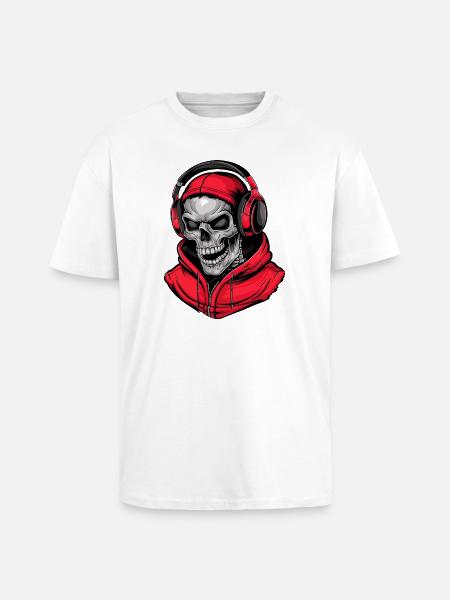 Dødningehoved i rød hættetrøje med hovedtelefoner - Unisex oversized heavyweight t-shirt - hvid