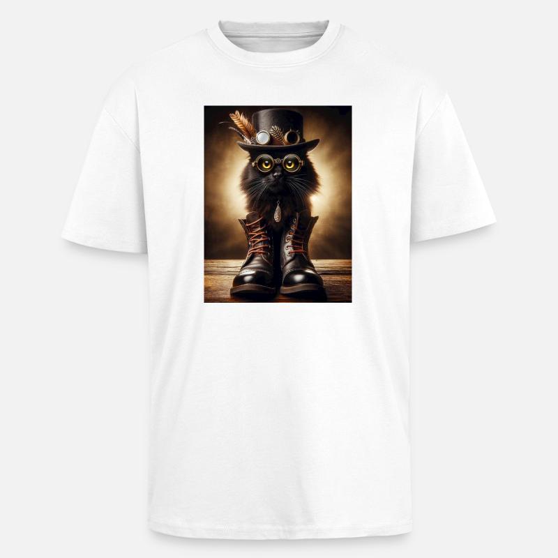 Chat noir Steampunk avec accessoires élégants - T-shirt unisexe oversize épais - blanc