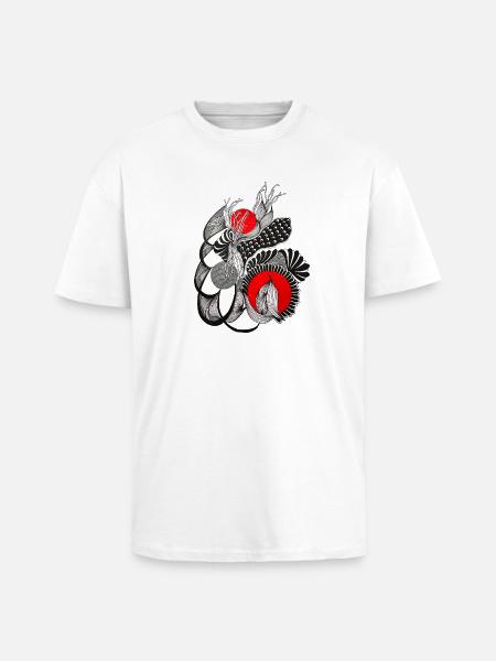 Monochrome flower circles with red - Unisex Oversized Heavyweight T-shirt - white