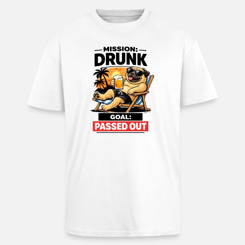 Sunset Pug Loungeing Beer Tee - Oversized Heavyweight Unisex T-Shirt - Weiß