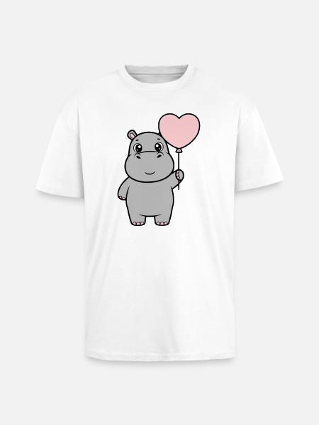 Süßes Nilpferd Herz Ballon Liebe - Oversized Heavyweight Unisex T-Shirt - Weiß