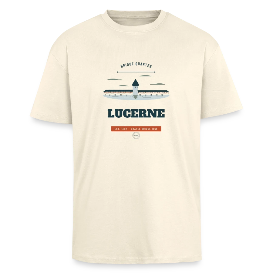 Lucerne badge on a unisex oversized heavyweight t-shirt, creme