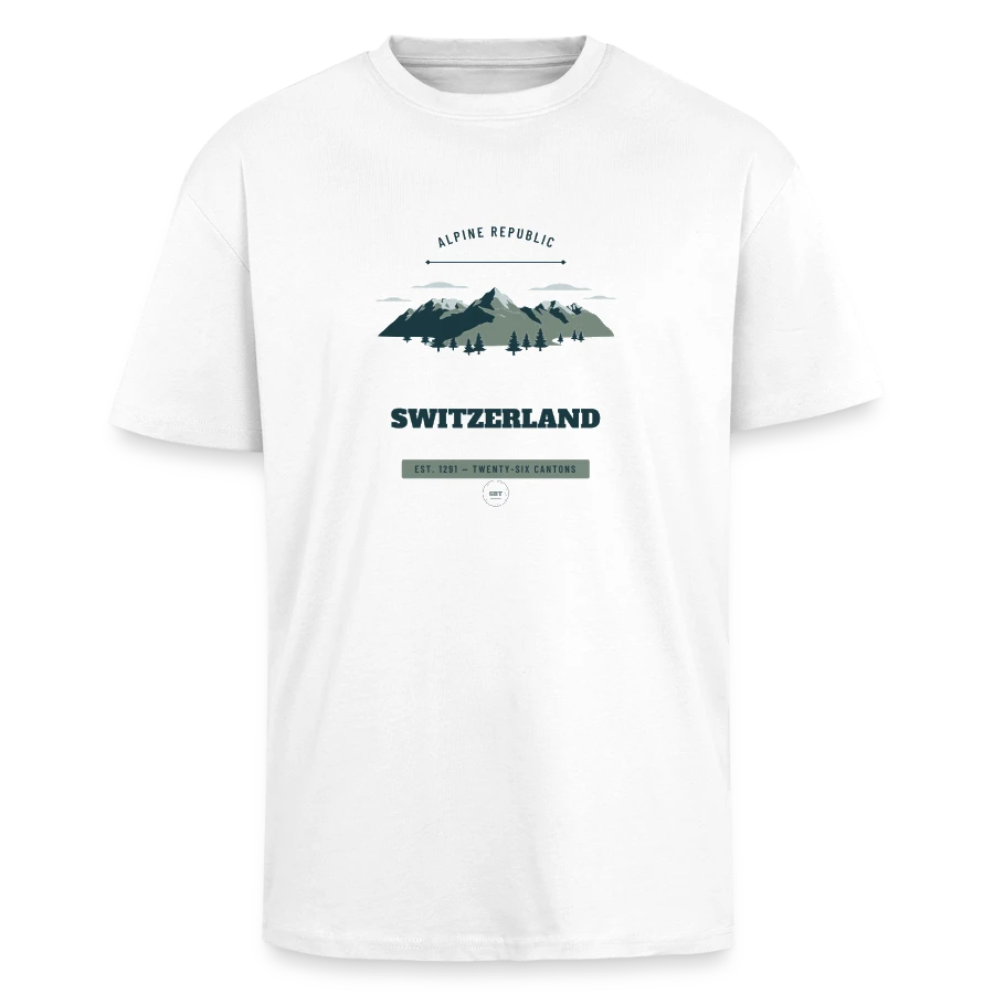 Switzerland badge on a unisex oversized heavyweight t-shirt, white