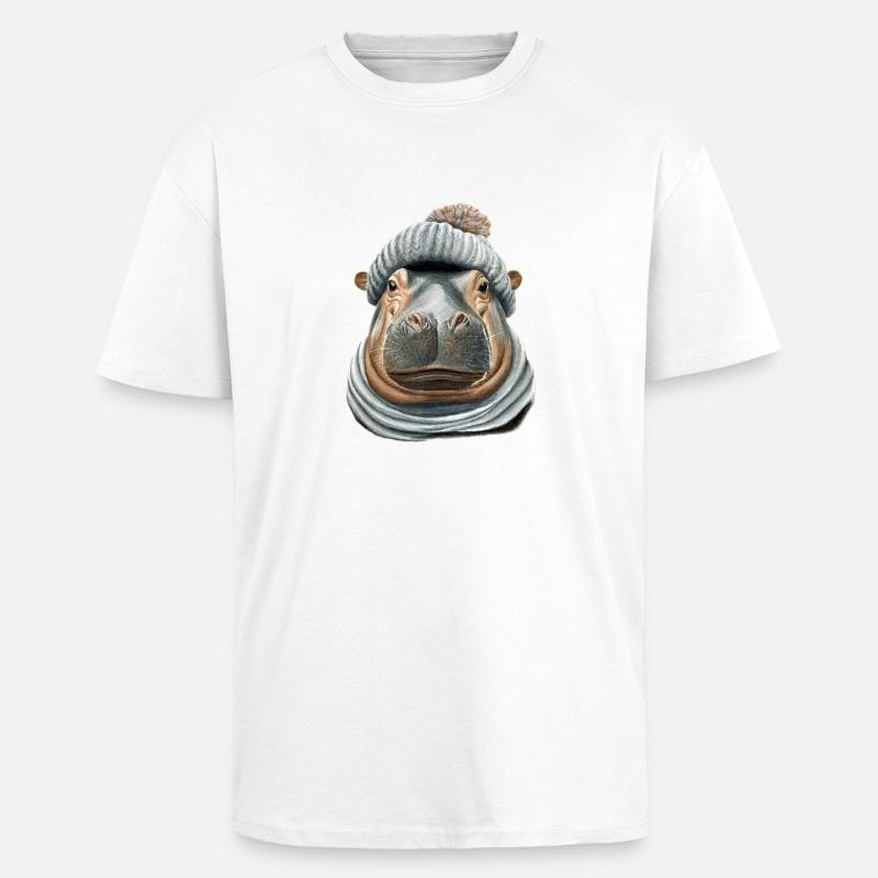 Hippopotamus Bobble Hat - Unisex Oversized Heavyweight T-shirt - white