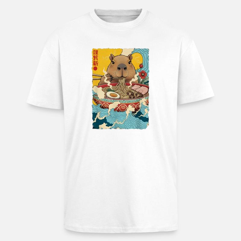 Capybara Eats Ramen Noodles - Unisex Oversized Heavyweight T-shirt - white