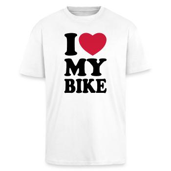 I love my bike - Ik hou van mijn motorfiets - Unisex oversized T-shirt van zware kwaliteit - wit - Voor - Alina (178cm) & Michal (187cm)