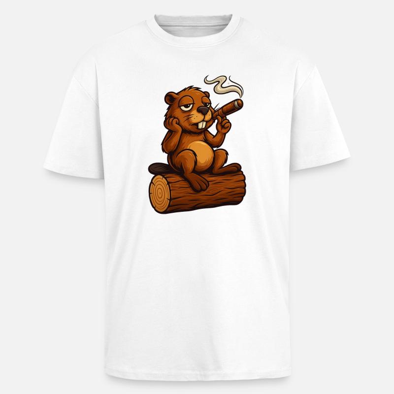 Castor refroidi avec un cigare - T-shirt unisexe oversize épais - blanc