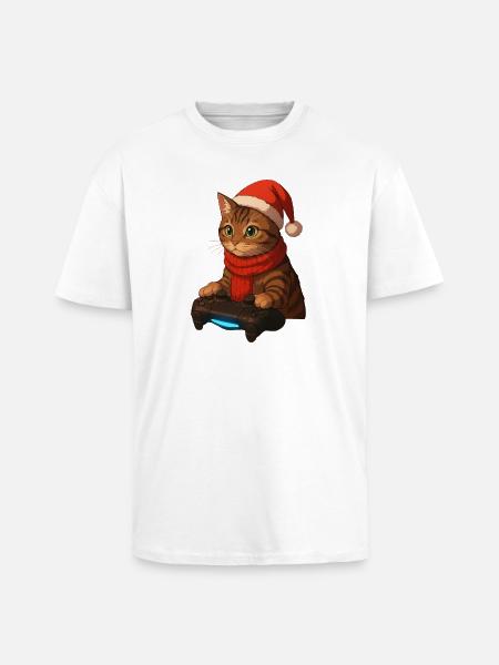 Cat gamer in Christmas look - Unisex Oversized Heavyweight T-shirt - white