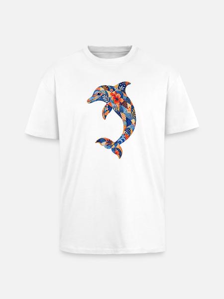 Patchwork-Delfin mit Blumenkraft - Oversized Heavyweight Unisex T-Shirt - Weiß