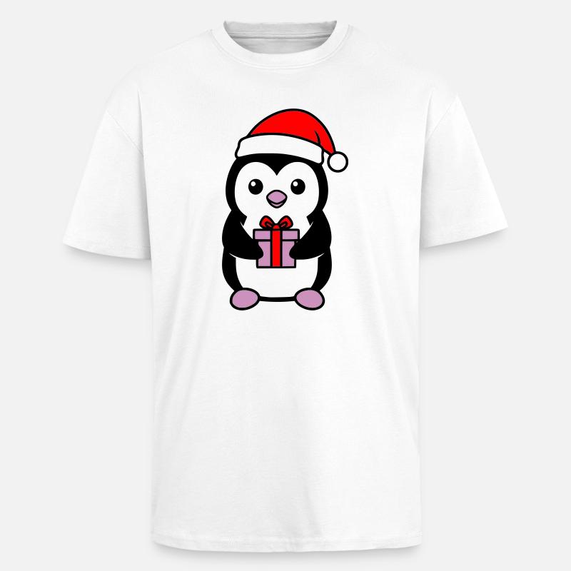 Süßer Weihnachts-Pinguin mit Geschenk - Oversized Heavyweight Unisex T-Shirt - Weiß