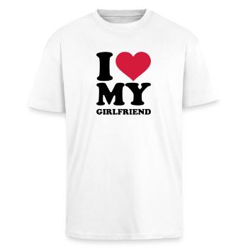 I love my girlfriend - Oversized Heavyweight Unisex T-Shirt - Weiß - Vorne - Alina (178cm) & Michal (187cm)