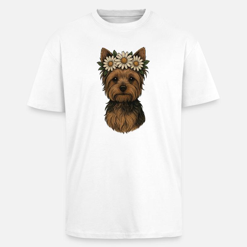 Yorkshire Terrier mit Gänseblümchenkrone - Oversized Heavyweight Unisex T-Shirt - Weiß