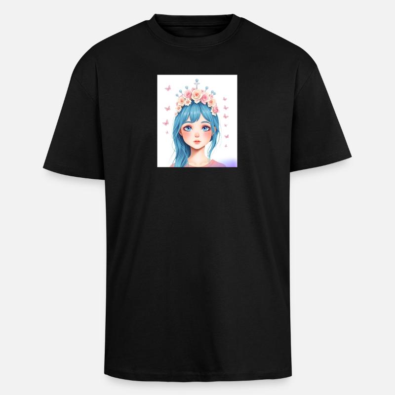 Blauhaar Mädchen mit Blumenkranz - Oversized Heavyweight Unisex T-Shirt - Schwarz