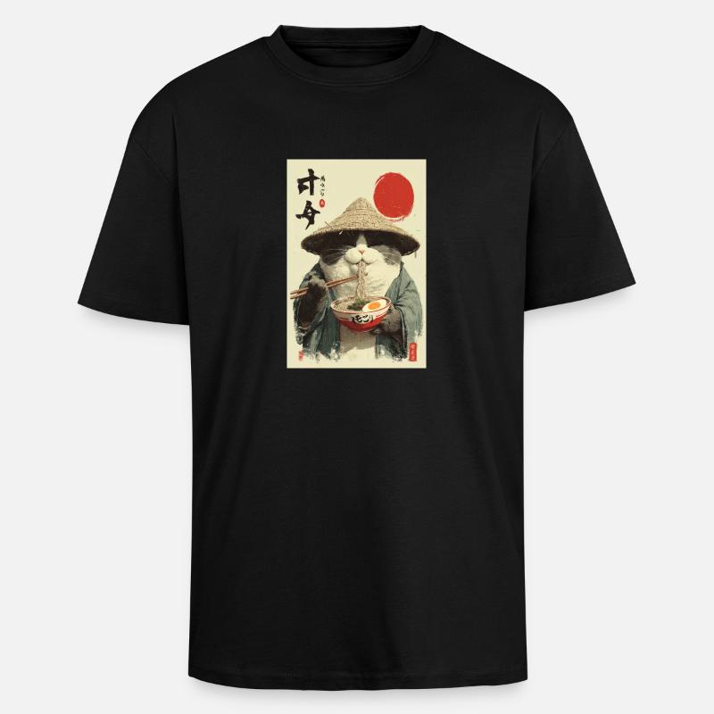 Samurai-Katze isst Ramen - Oversized Heavyweight Unisex T-Shirt - Schwarz