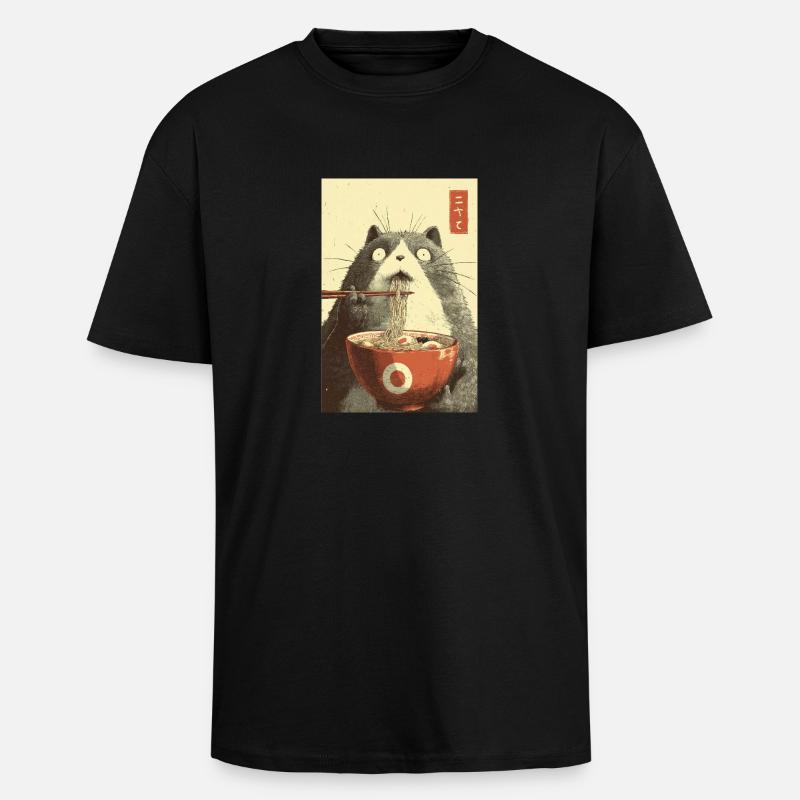 Schockierte Katze isst Ramen - Oversized Heavyweight Unisex T-Shirt - Schwarz
