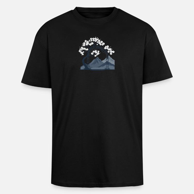 Sakura Bogen über Bergkette - Oversized Heavyweight Unisex T-Shirt - Schwarz