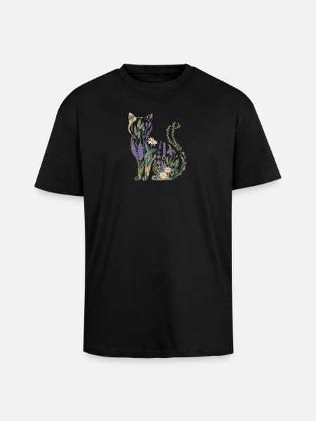 Boho Katze Pflanzen Blumen - Oversized Heavyweight Unisex T-Shirt - Schwarz