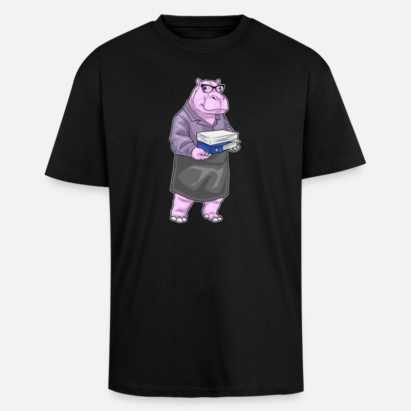 Hippopotamus Secretary Paper Stack Office - Unisex Oversized Heavyweight T-shirt - black