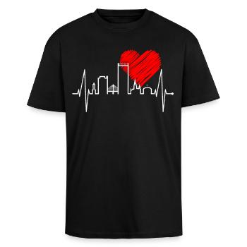 Bonn Skyline Herzschlag Bonner Ich Liebe Mein Bonn - Oversized Heavyweight Unisex T-Shirt - Schwarz - Vorne - Alina (178cm) & Michal (187cm)