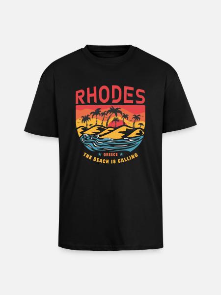 Rhodes Greece Design with Palm Trees and Beach - Unisex Oversized Heavyweight T-shirt - black