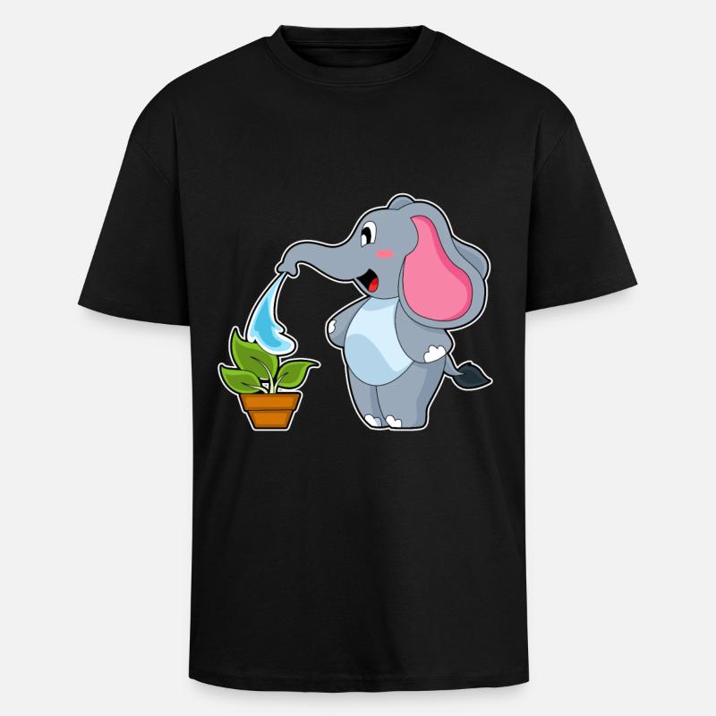 Éléphant avec plante - T-shirt unisexe oversize épais - noir