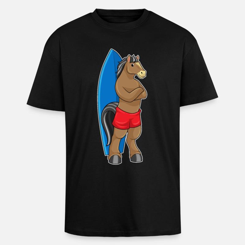 Pferd als Surfer mit Surfbrett - Oversized Heavyweight Unisex T-Shirt - Schwarz