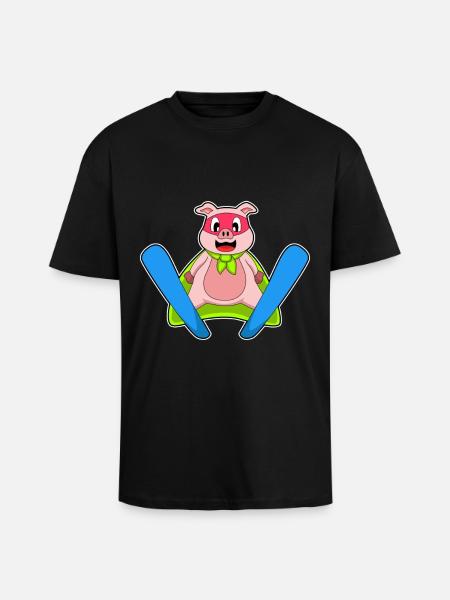 Pig Ski Jumper Ski - Unisex Oversized Heavyweight T-shirt - black