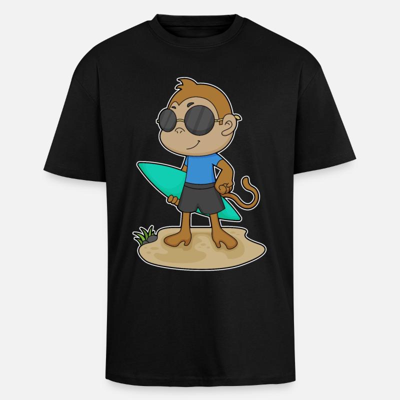 Affe Surfer Surfbrett - Oversized Heavyweight Unisex T-Shirt - Schwarz