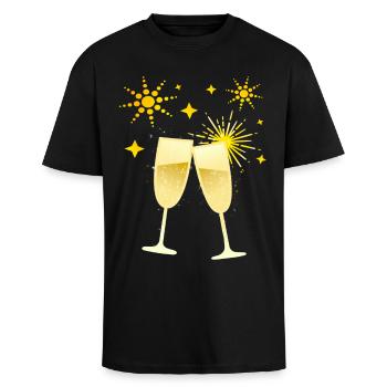 Cheers! Sektgläser mit Feuerwerk - Oversized Heavyweight Unisex T-Shirt - Schwarz - Vorne - Alina (178cm) & Michal (187cm)