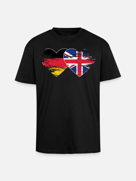 Allemagne Royaume-Uni drapeau utilisé coeur - T-shirt unisexe oversize épais - noir