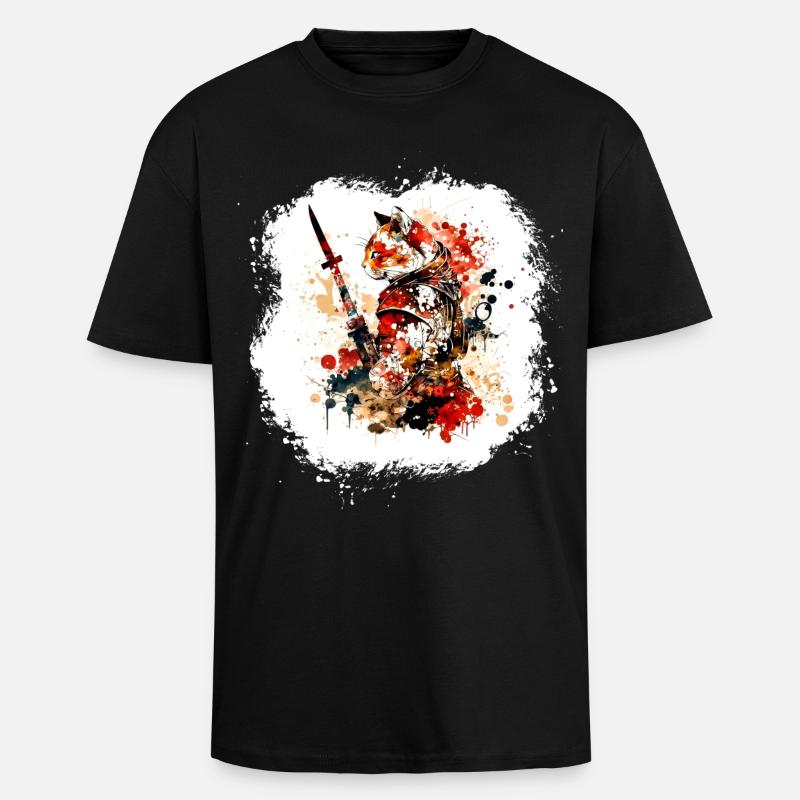 Samurai Katze Rot Schwarz - Oversized Heavyweight Unisex T-Shirt - Schwarz