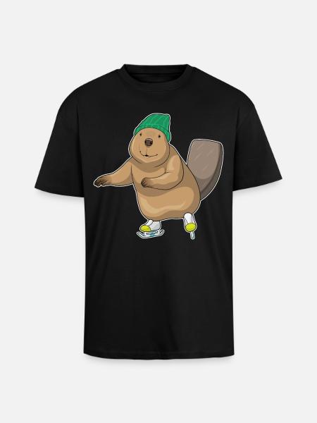 Beaver Ice Skating Skates - Unisex Oversized Heavyweight T-shirt - black