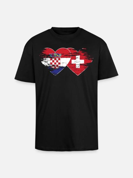 Croatia Switzerland flag heart used - Unisex Oversized Heavyweight T-shirt - black