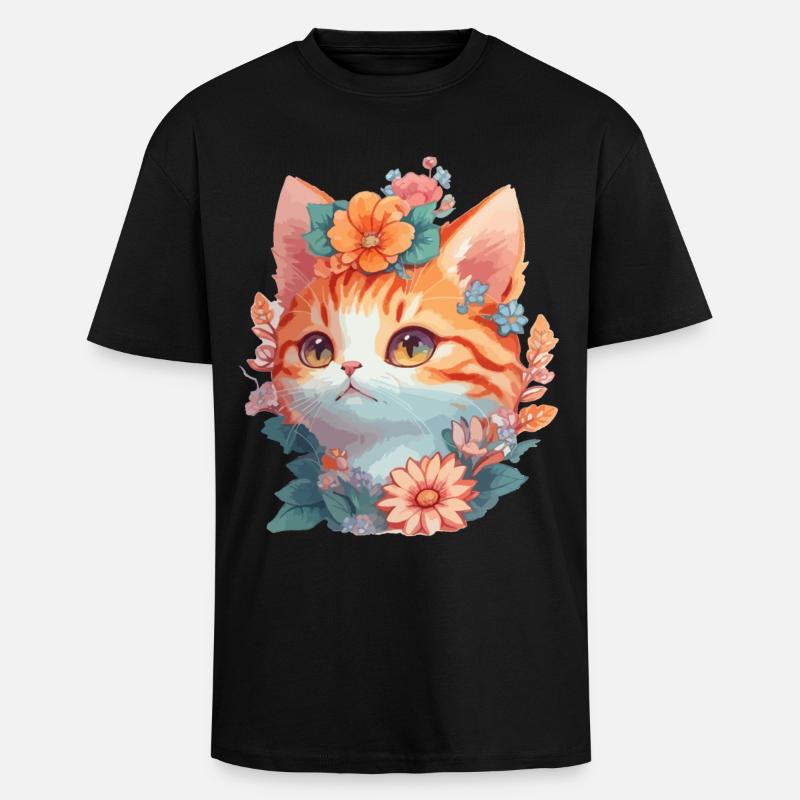 Rote Katze mit Blumen - Oversized Heavyweight Unisex T-Shirt - Schwarz