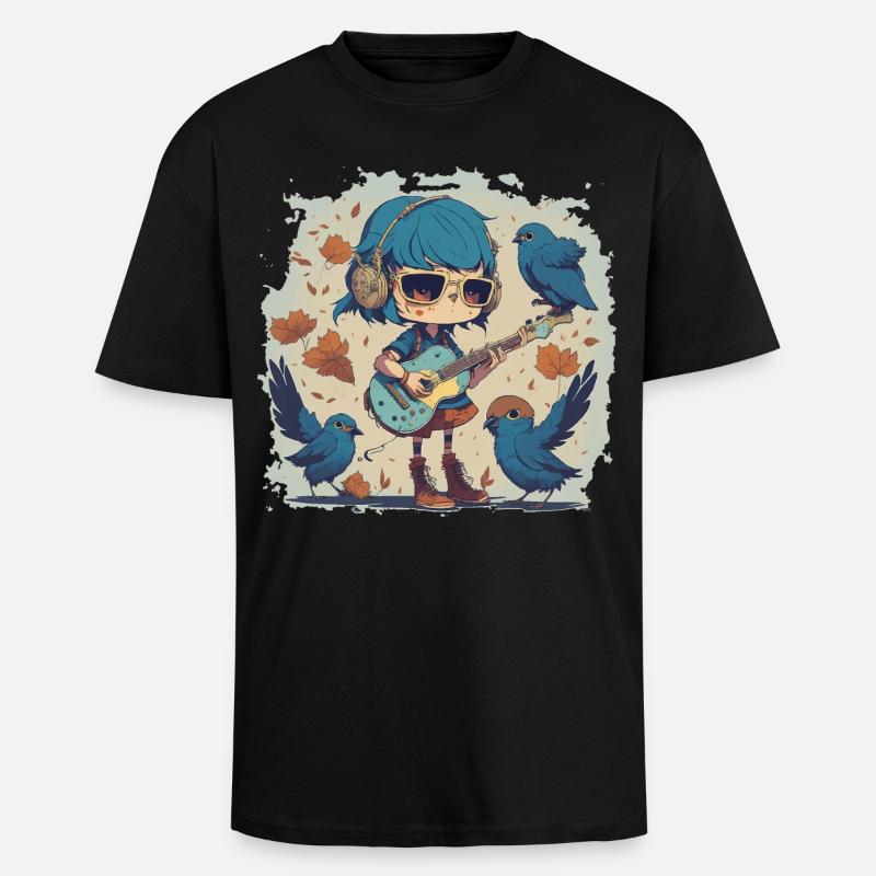 Mädchen mit Gitarre im Herbst - Oversized Heavyweight Unisex T-Shirt - Schwarz