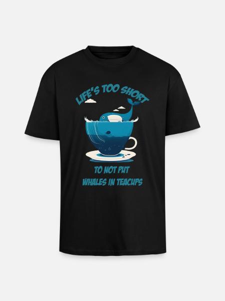 Whale in teacup with lettering - Unisex Oversized Heavyweight T-shirt - black